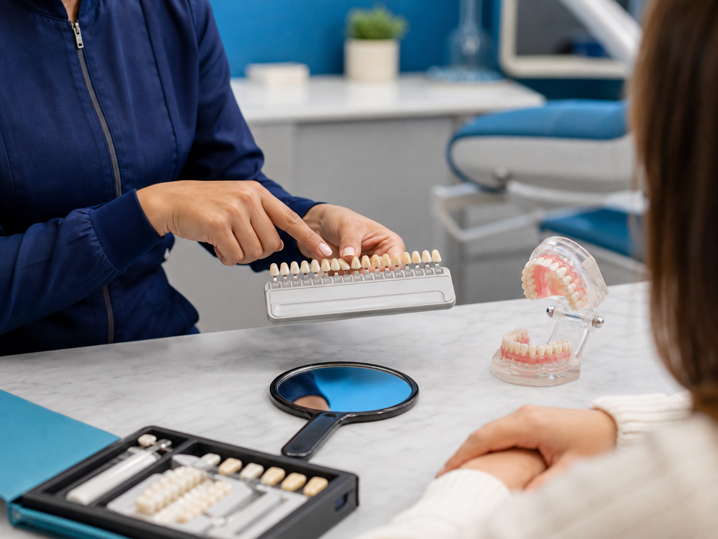 Planejamento estético odontológico com escala de cor e modelo dental